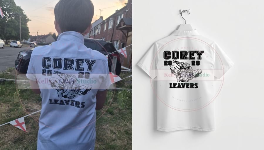 Corey personalised leavers shirt with varsity-style leavers design