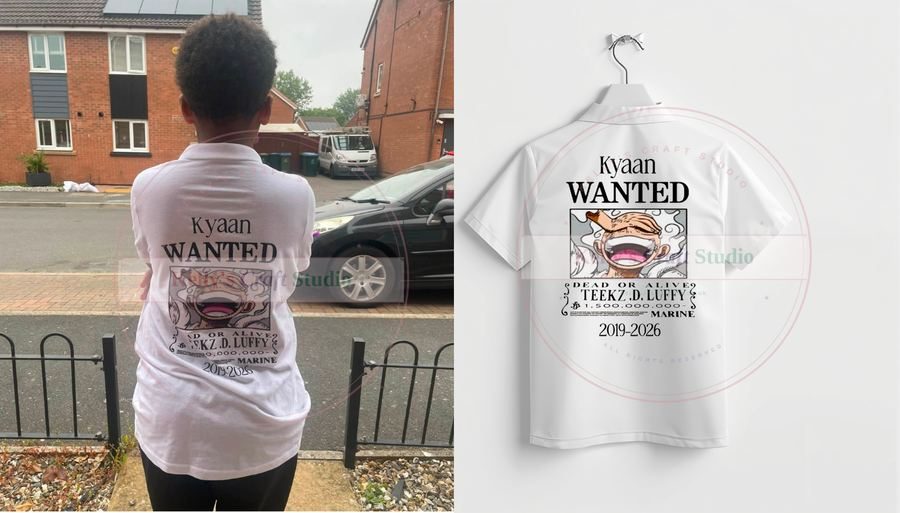 Kyaan personalised leavers shirt with One Piece wanted poster design