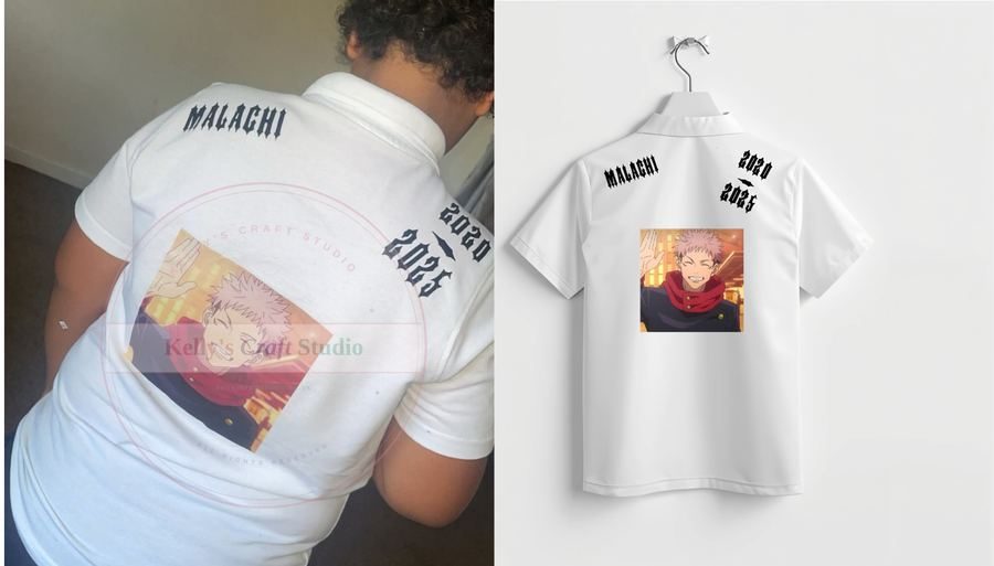 Malachi personalised leavers shirt with anime character design