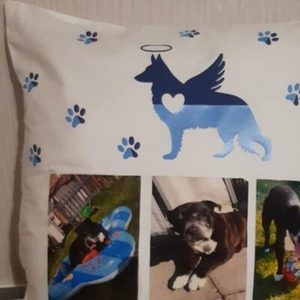 Pet Memorial Cushion — photo collage with angel silhouette