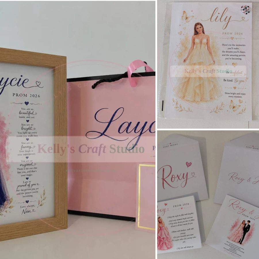 Prom keepsakes collection - personalised A4 print, prom card and light-up photo frame