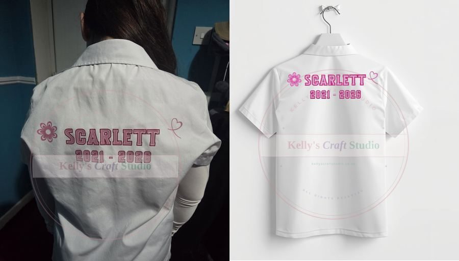 Scarlett personalised leavers shirt with pink flower name design