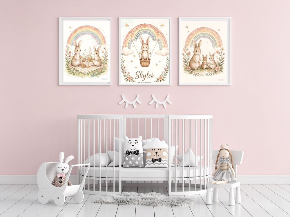 Rainbow Nursery Bundle — watercolour nursery prints displayed in a pink nursery room above a white cot