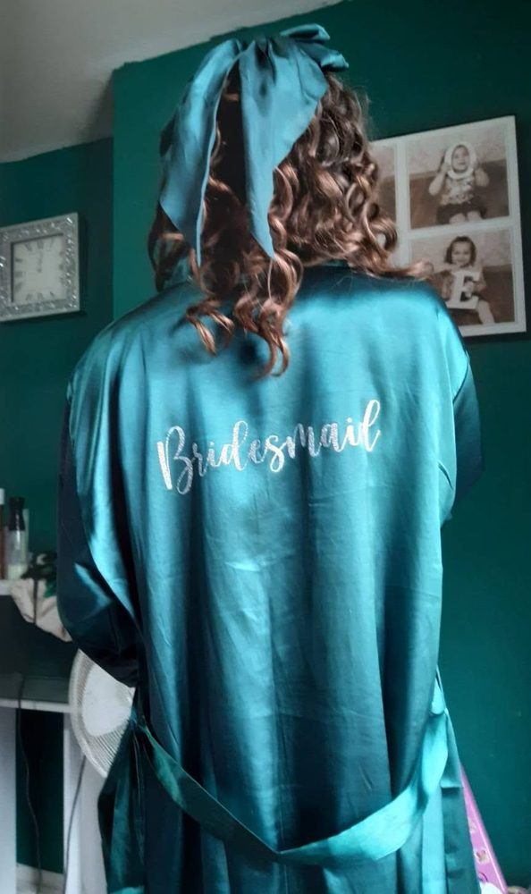 Personalised teal satin bridesmaid dressing gown with glitter print