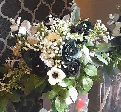 Black white and greenery artificial wedding bouquet
